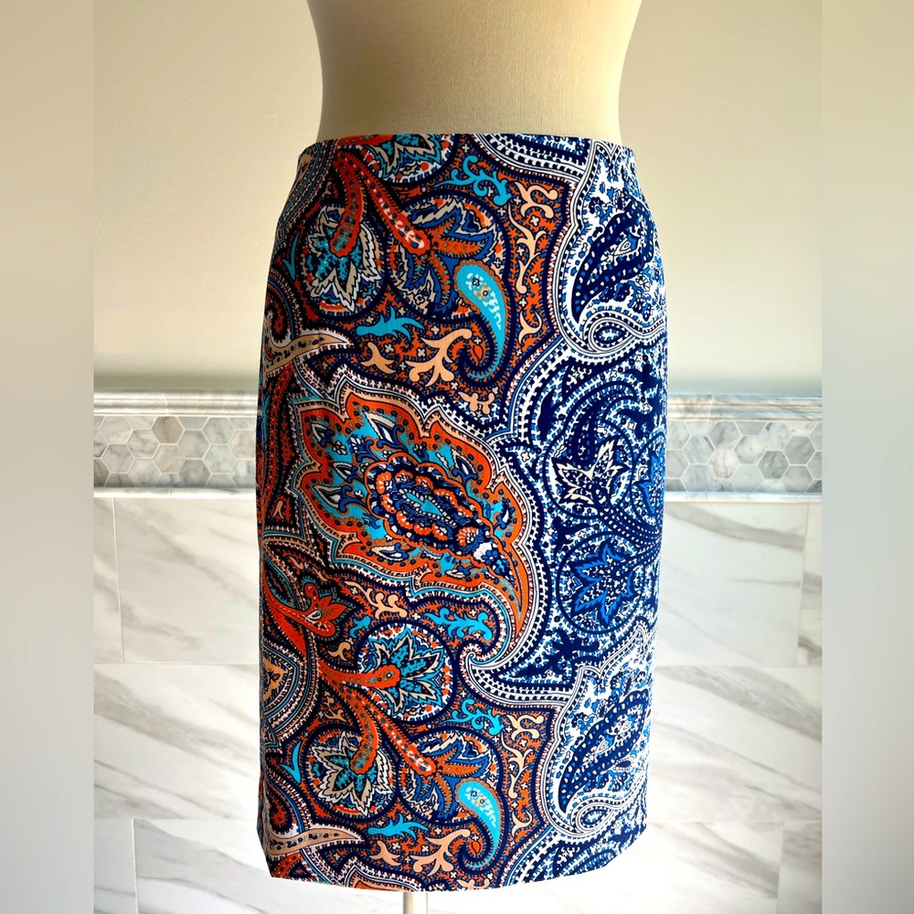 Antonio Melani Paisley Blue Peach Pencils Skirt Sz 8
